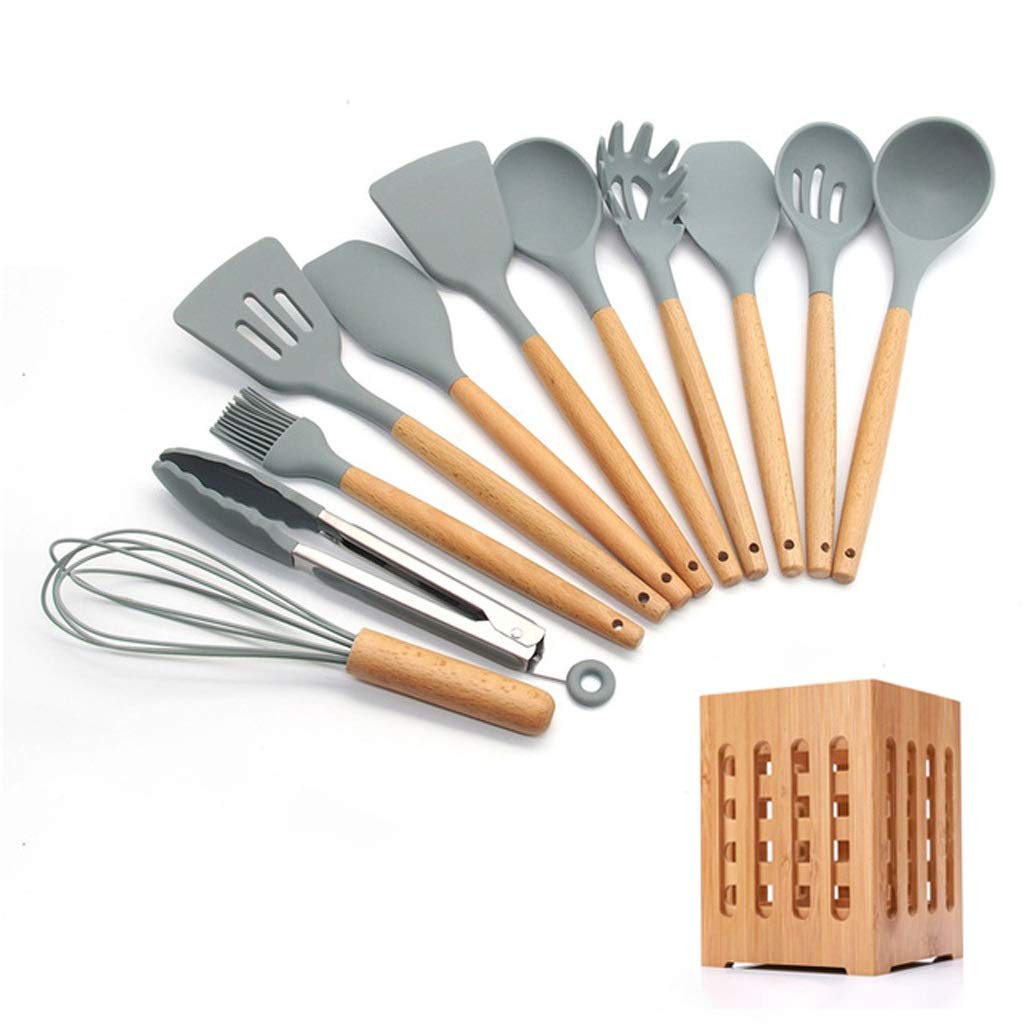 12-Piece Silicone Kitchen Utensil Set with Wooden Handles & Holder