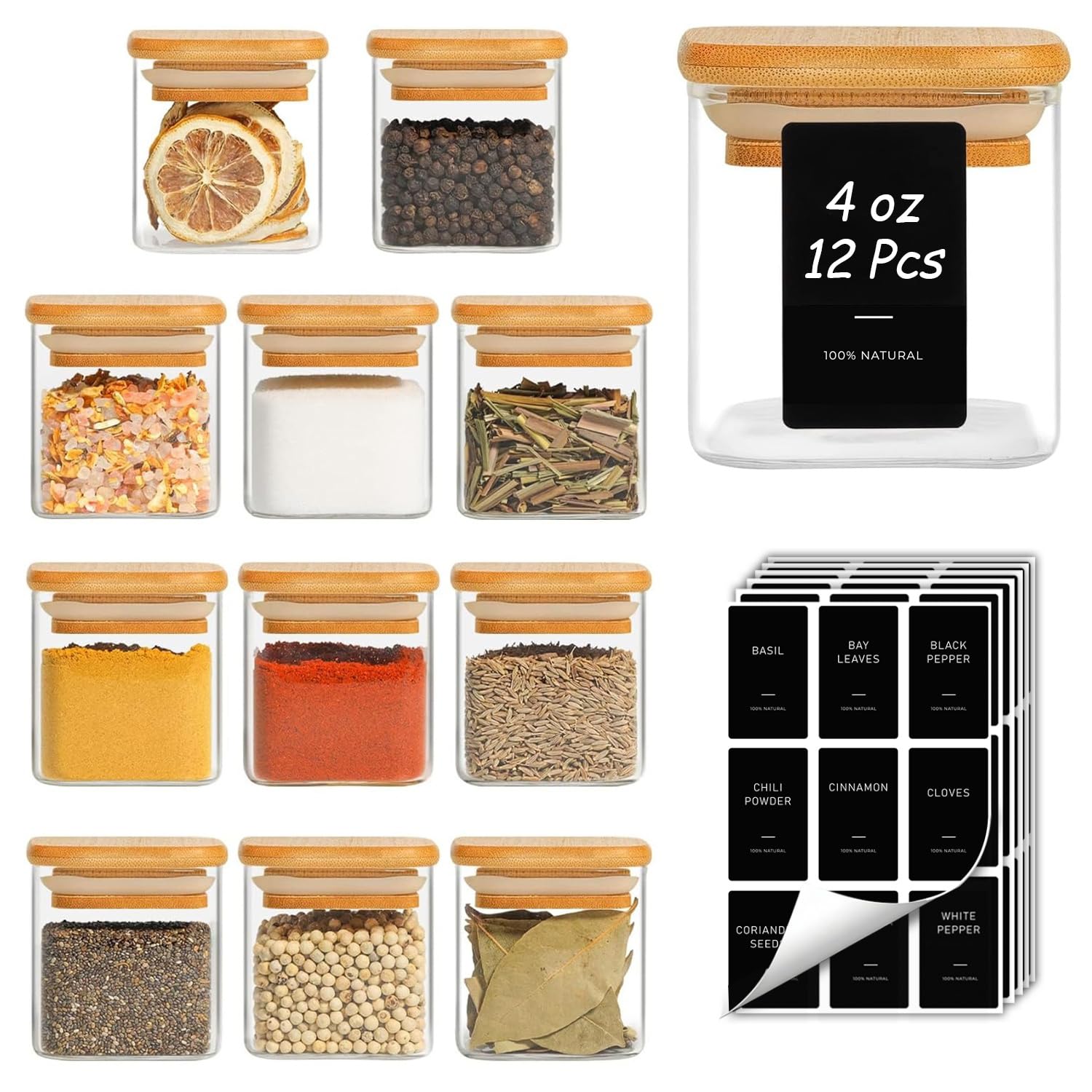 12-Piece Glass Spice Jar Set with Bamboo Lids