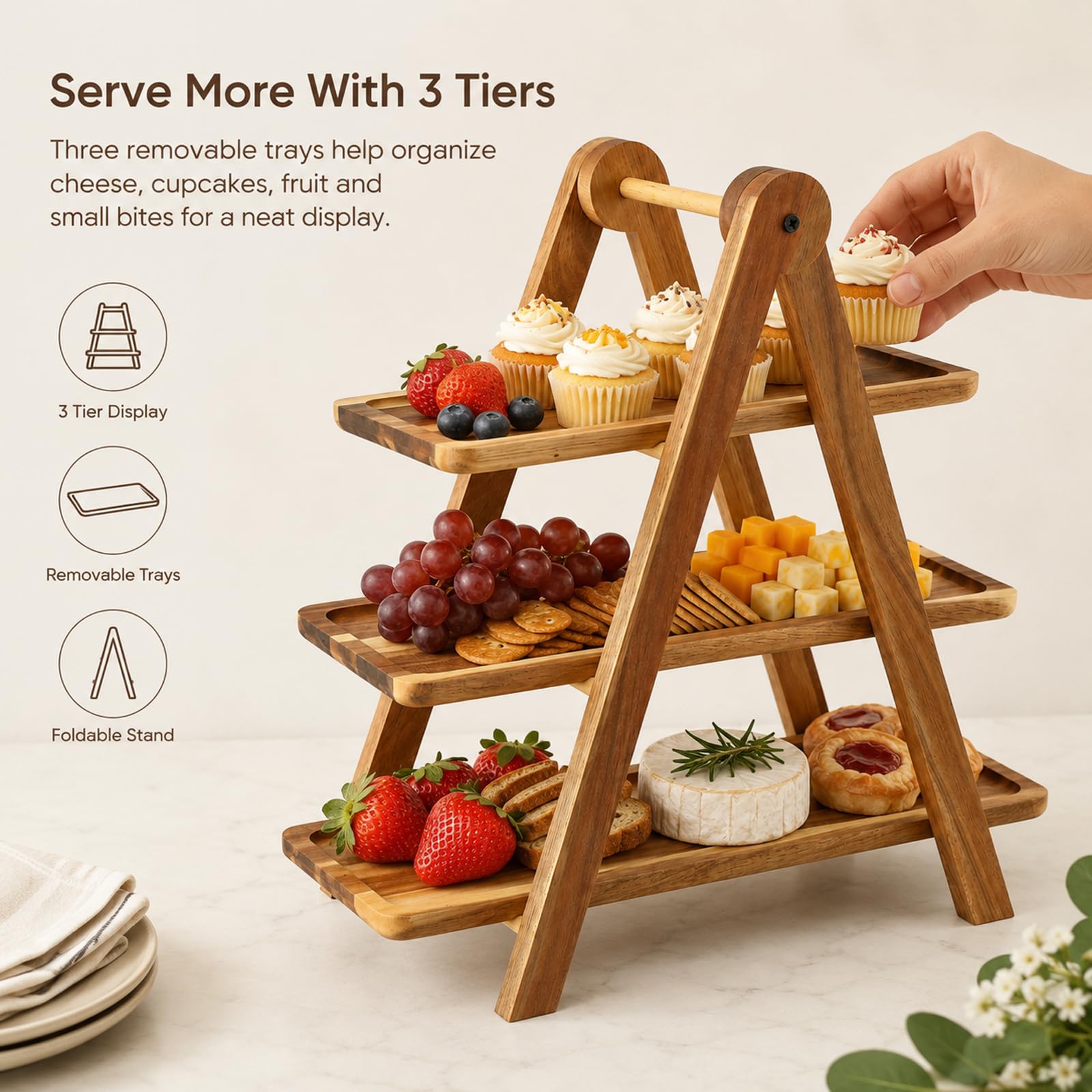 3-Tier Acacia Wood Serving Tray Stand