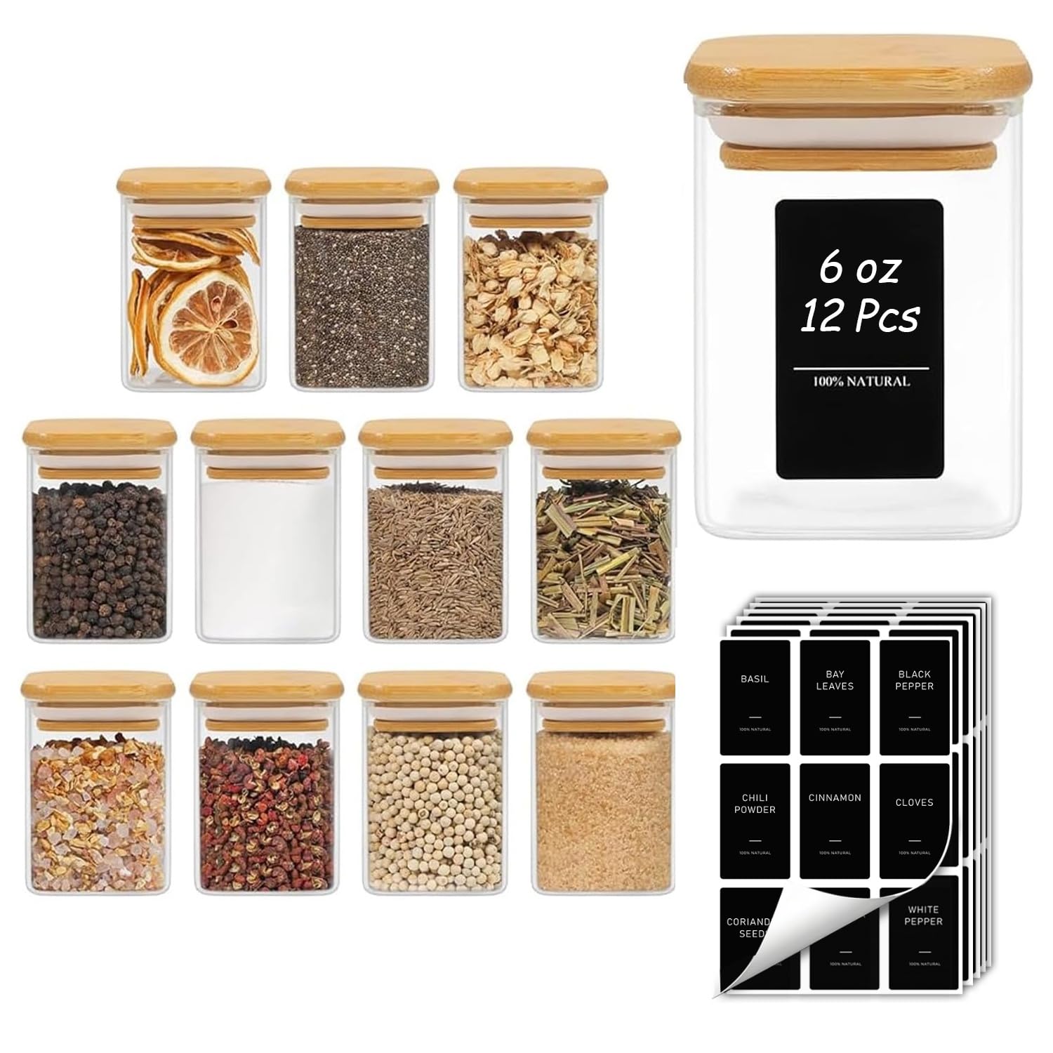 12-Piece Glass Spice Jar Set with Bamboo Lids