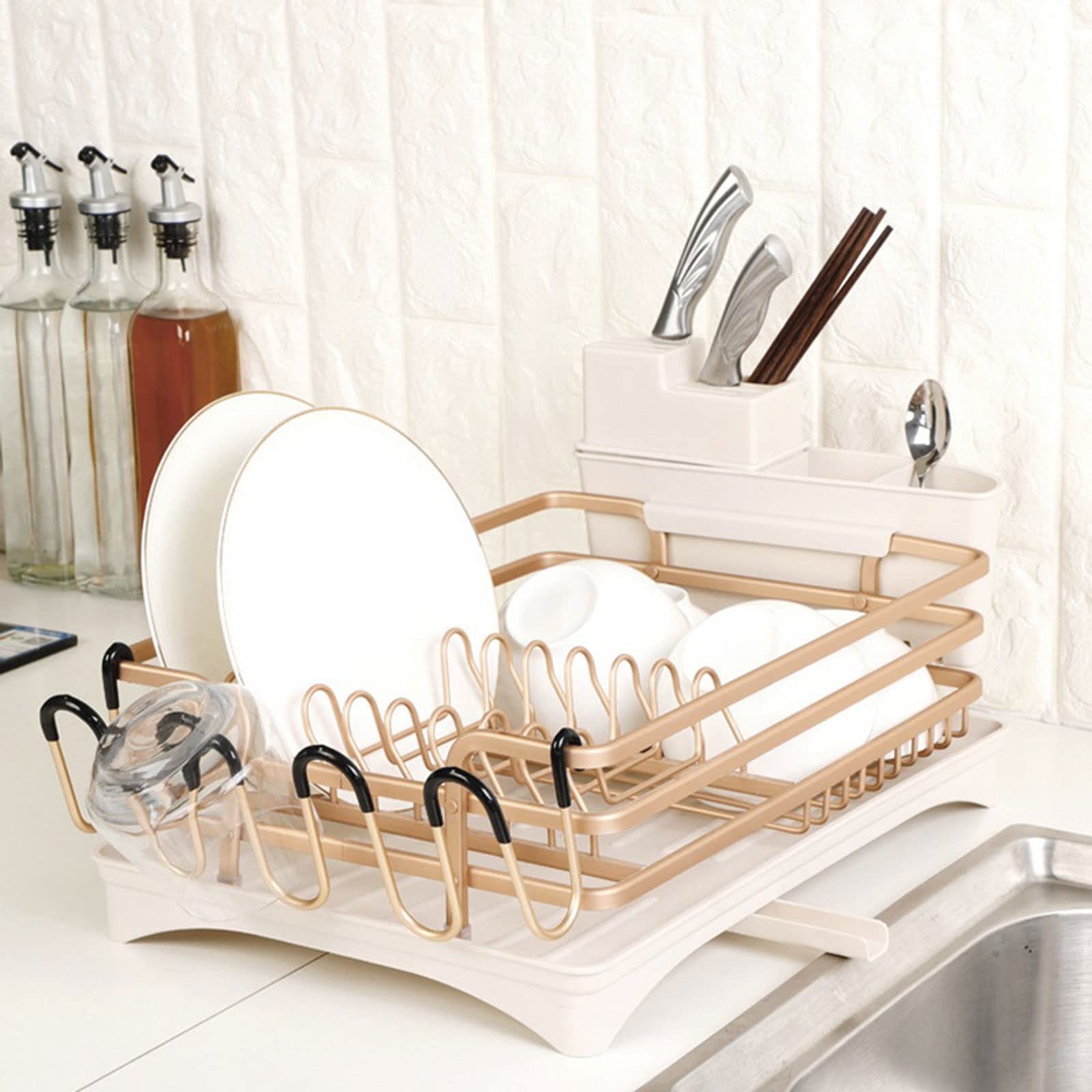 Aluminum Dish Drying Rack with Cutlery & Knife Holder