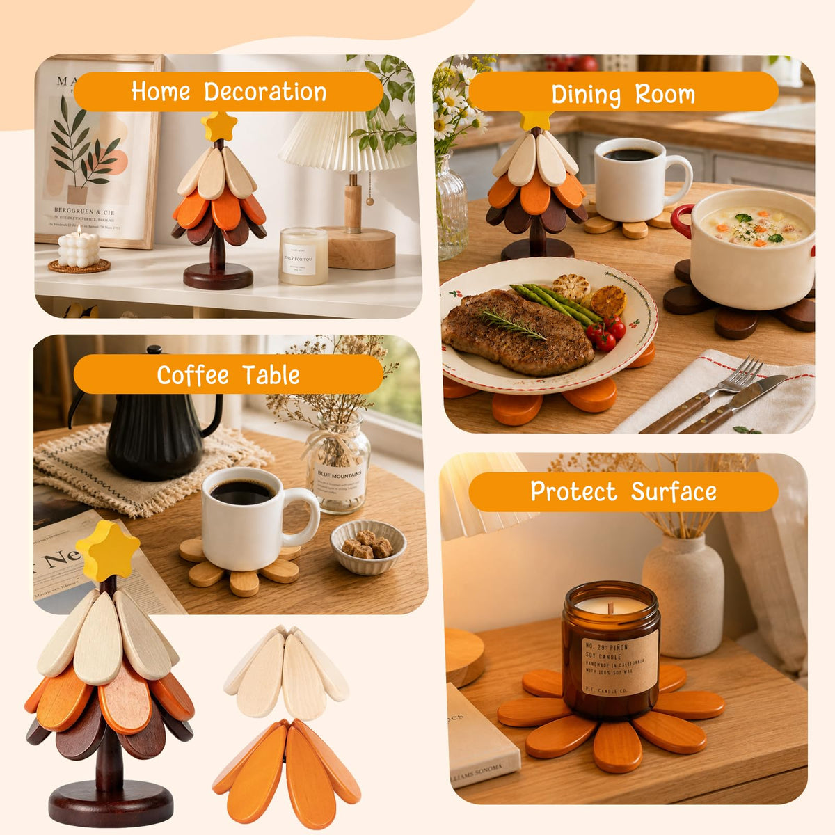 Mesiiloly Wood Trivet Tree, Tree Trivet for Hot Dishes, Tree Trivet Set