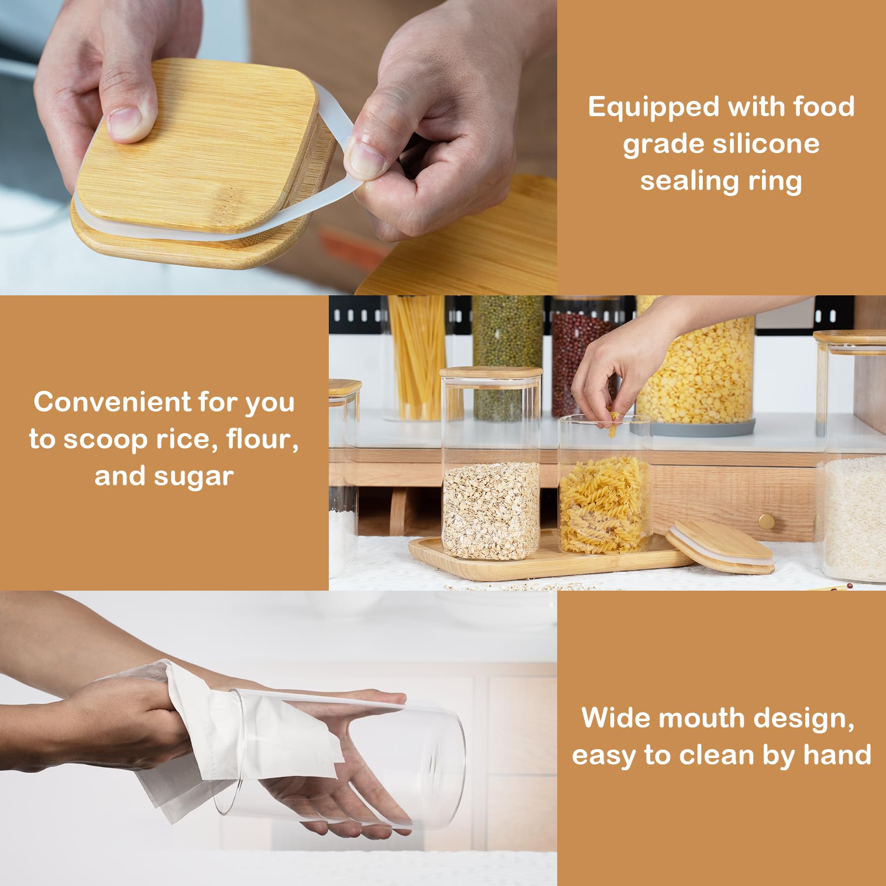 D2scrma Airtight Glass Square Storage Containers with Bamboo Lids