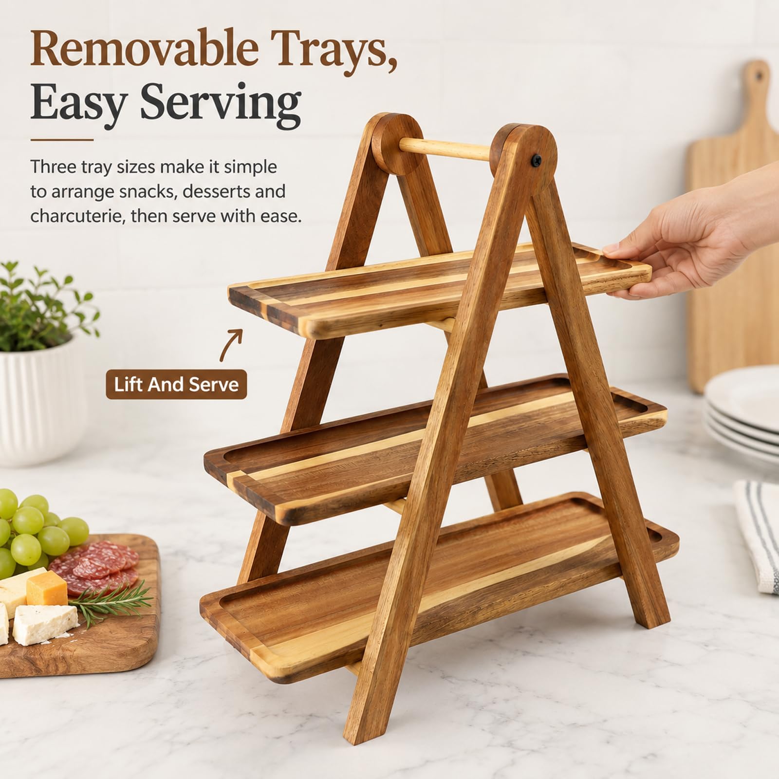 3-Tier Acacia Wood Serving Tray Stand