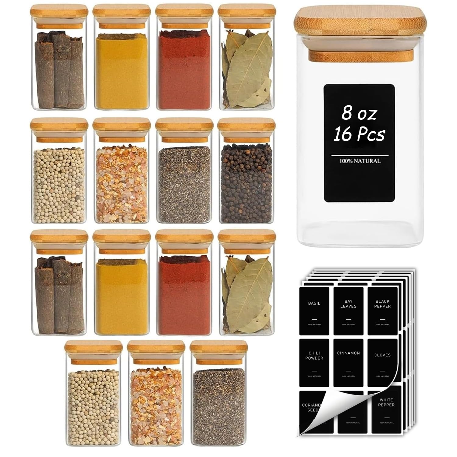 12-Piece Glass Spice Jar Set with Bamboo Lids
