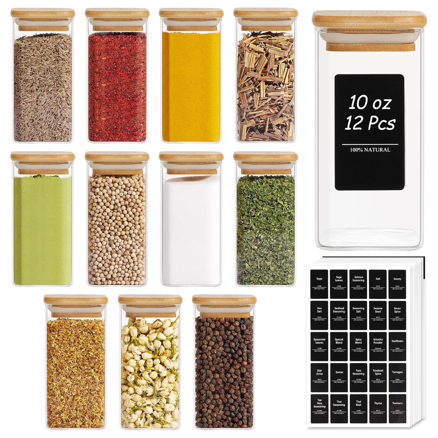 12-Piece Glass Spice Jar Set with Bamboo Lids