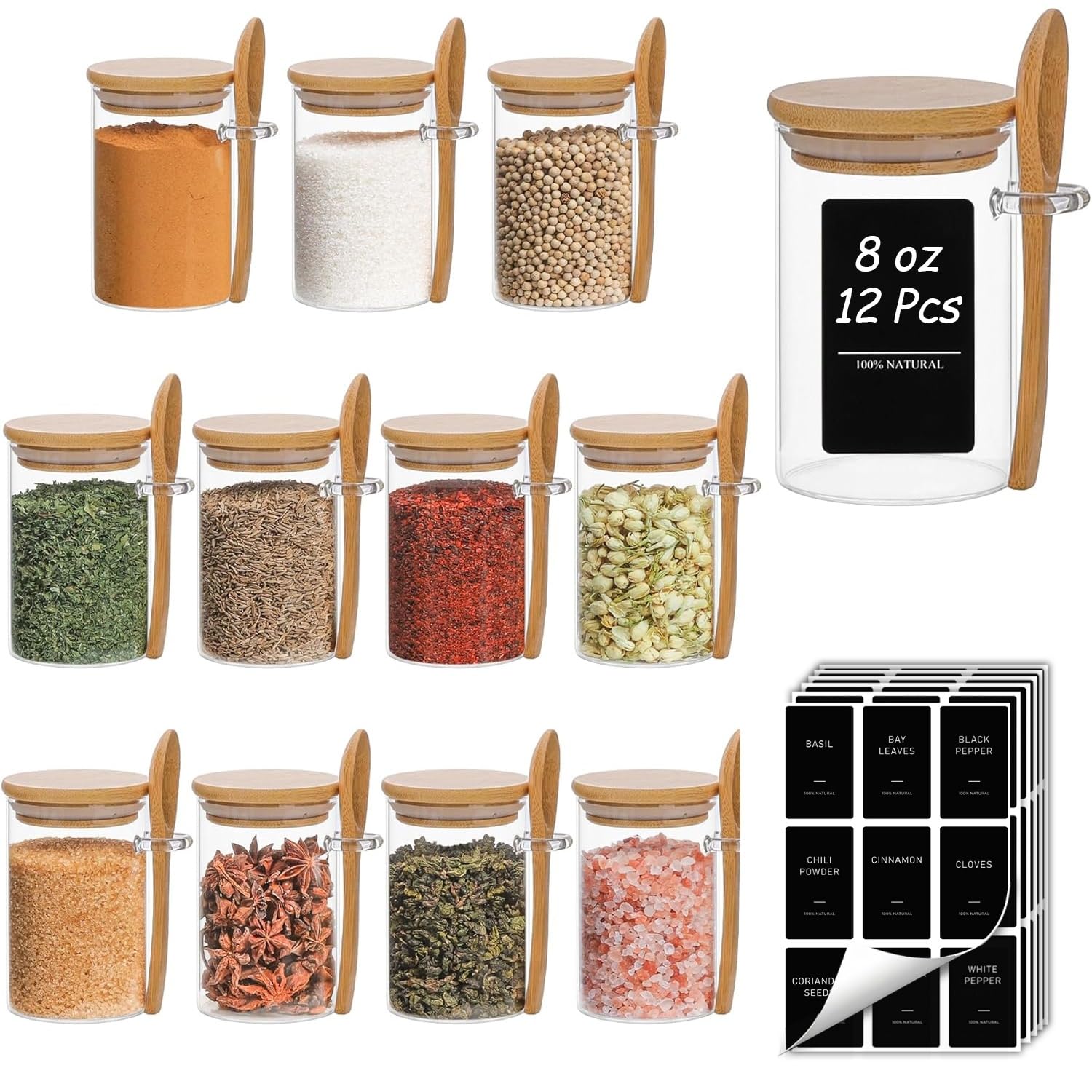 12-Piece Glass Spice Jar Set with Bamboo Lids