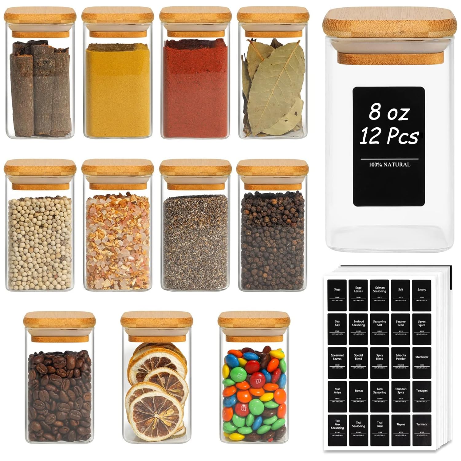 12-Piece Glass Spice Jar Set with Bamboo Lids