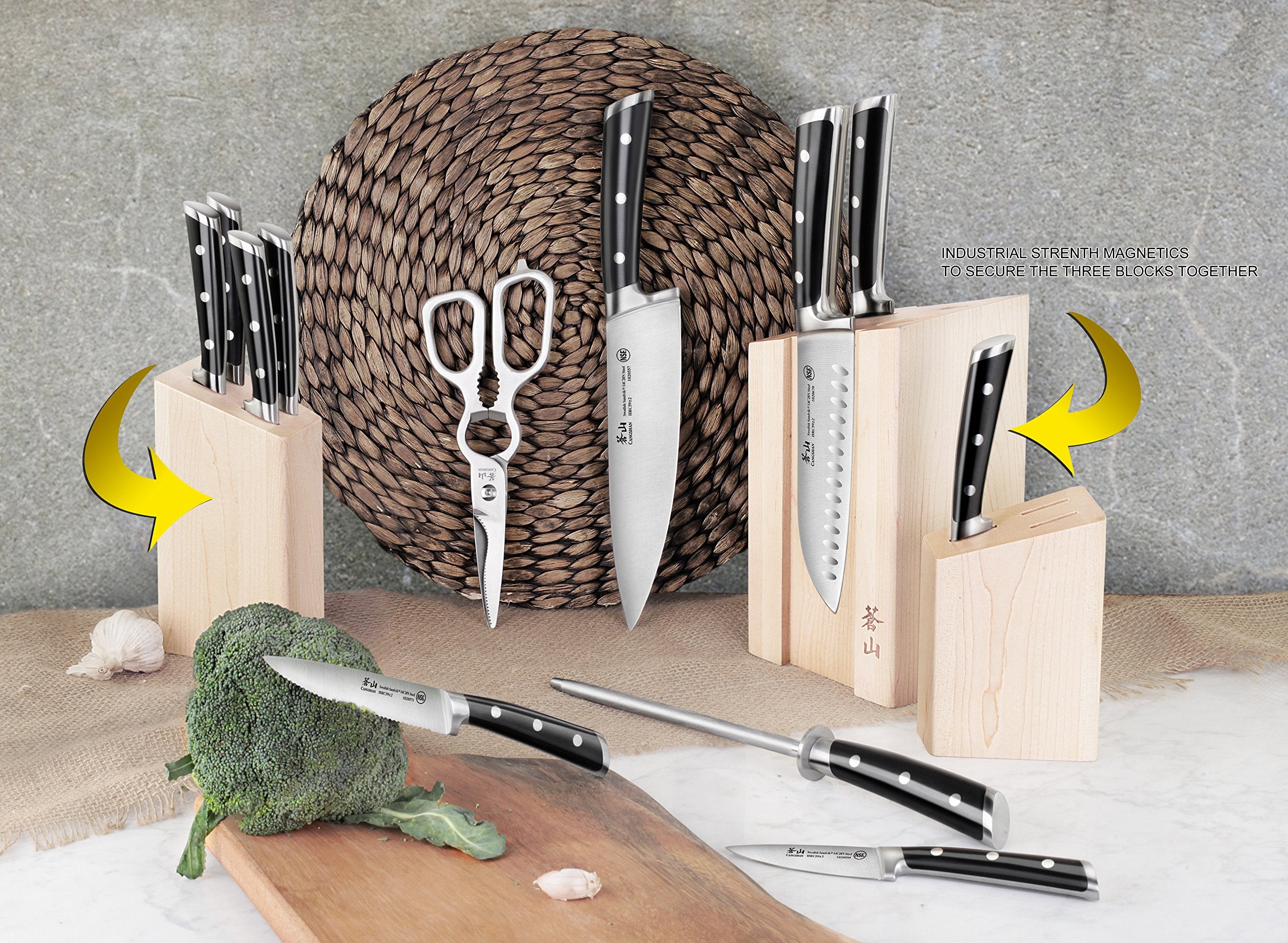 Forged Swedish Steel Magnetic Knife Block Set with Maple Base