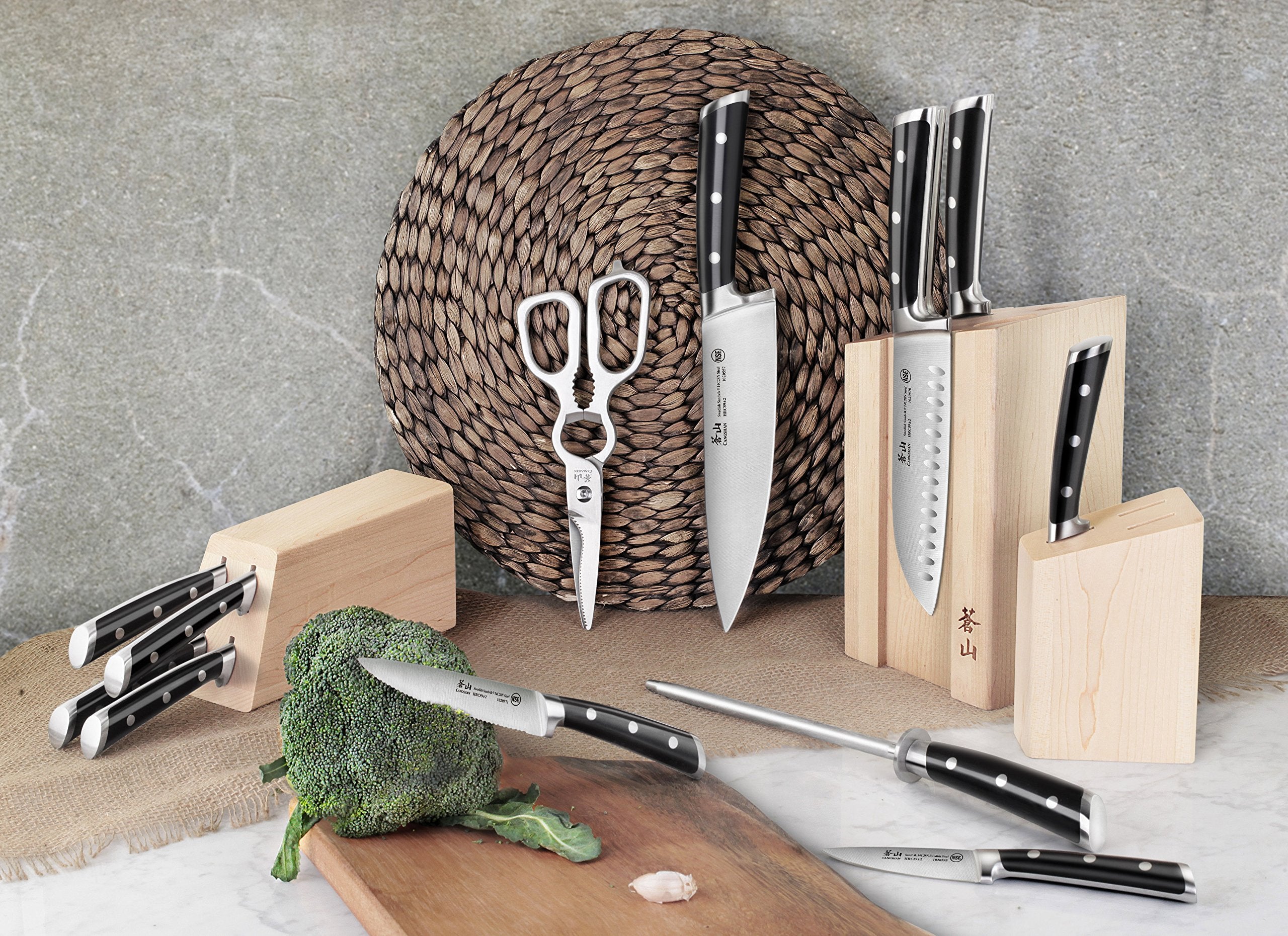 Forged Swedish Steel Magnetic Knife Block Set with Maple Base